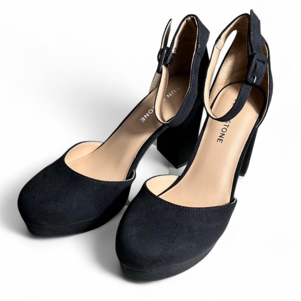 Sun + Stone Black Platform Block Heel Ankle Strap Pumps